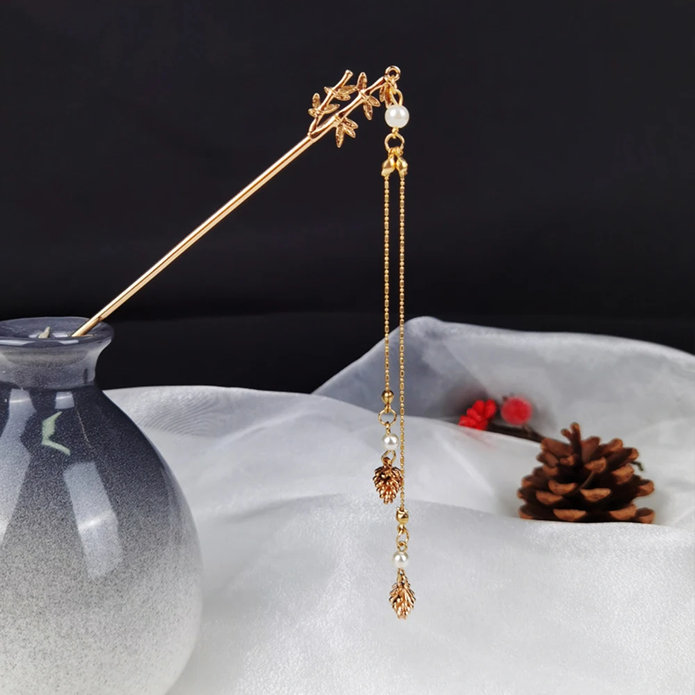 Chinese Hairpins For Women Vintage Bamboo Pearl Hair Sticks Fairy Tassel Golden Retro Hanfu Hair Accessories
