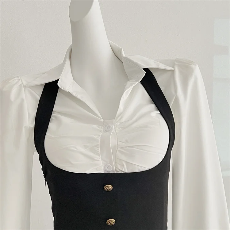 Y2K 3-piece Set Women Crop Coat Blazer White Shirt Halter Sleeveless Bodycon Midi Dress Autumn New Female Korean Chic Outfits