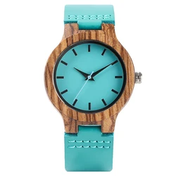 Minimalist Blue Dial Quartz Wood Watch with Genuine Leather Band (For women only watch)