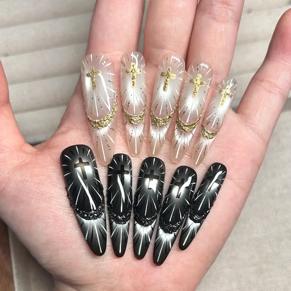 1개 5D 엠보싱 골드 크로스 프렌치 네일 스티커 홀리 라이트 프렌치 라인 크로스 네일 데칼 8*10cm 셀프 접착 크로스 네일 데코