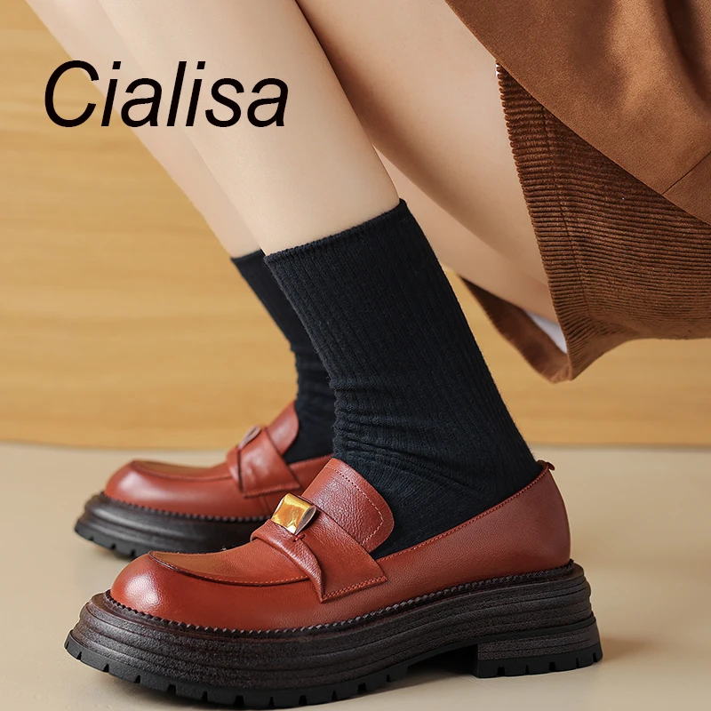 

Cialisa Platform Loafers Spring Newest Round Toe Handmade High Quality Genuine Leather Casual Mid Heels Shoes For Women Sizes 40