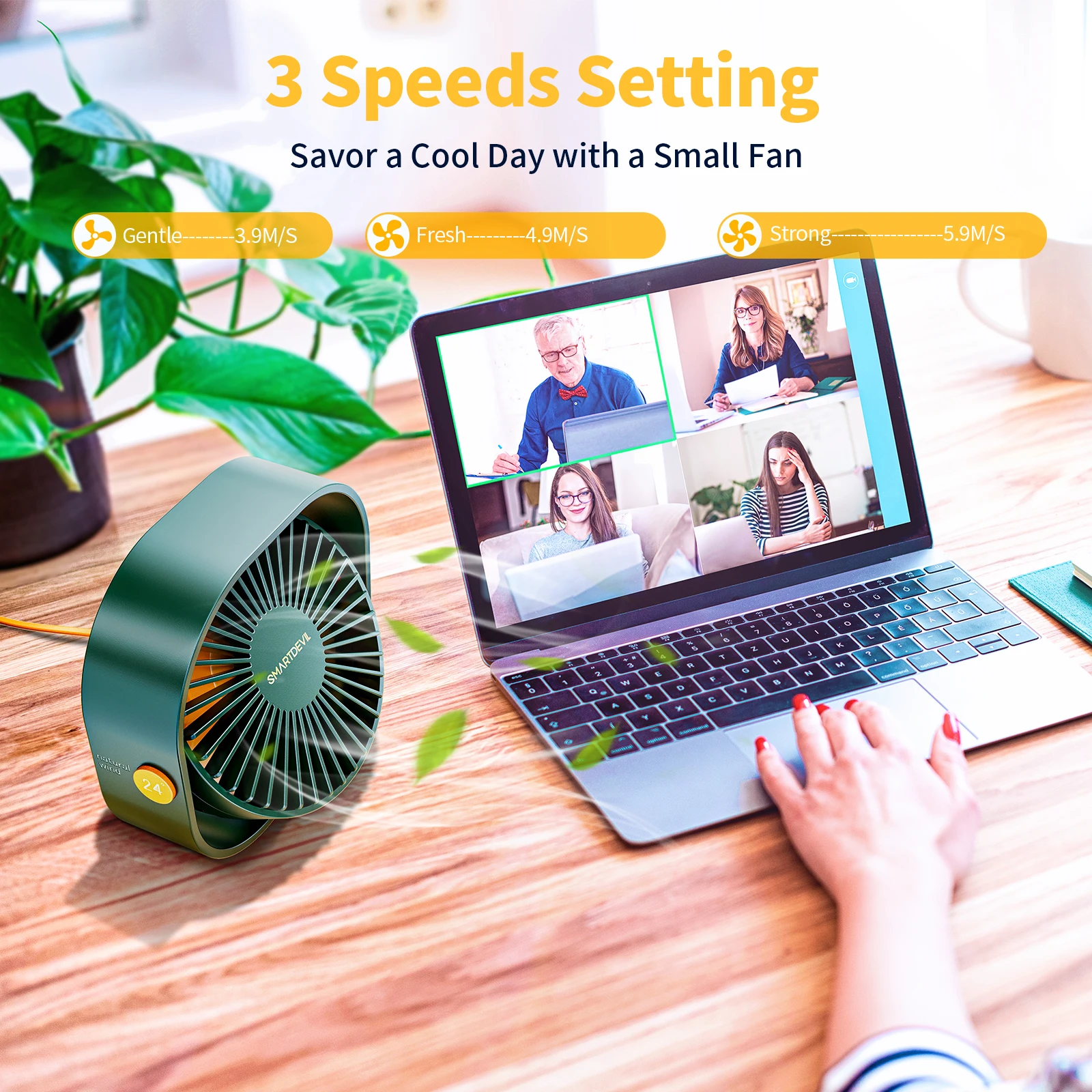 SmartDevil Small Personal USB Desk Fan,3 Speeds Portable Desktop Table Cooling Fan Quiet Operation for Home Office Car Outdoor 3