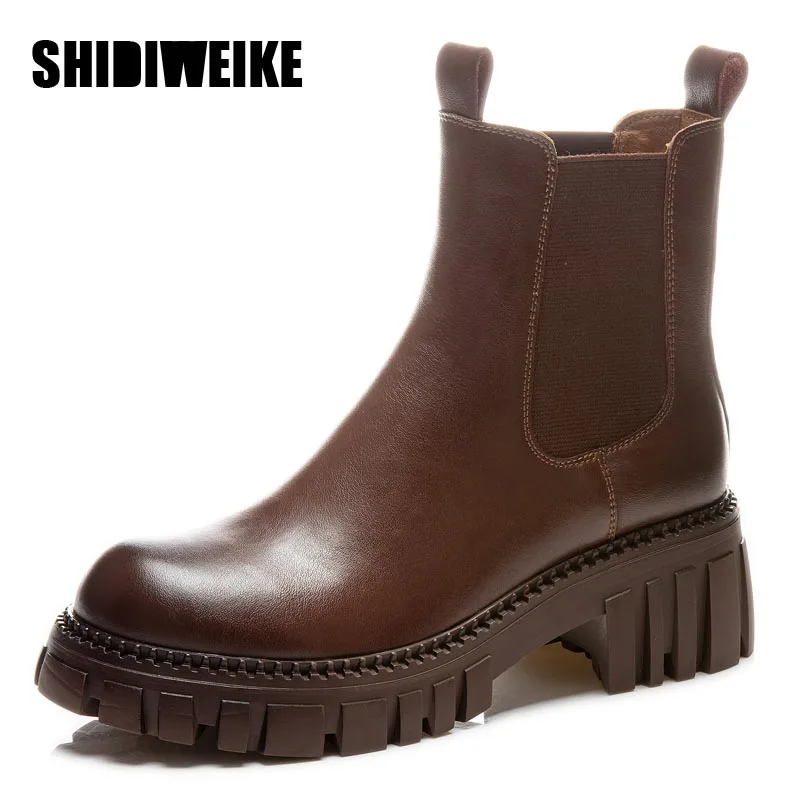 

Женские ботильоны челси из натуральной кожи, полусапожки на платформе, на толстом среднем каблуке, на молнии, с круглым носком, осенне-зимняя обувь, 6 см