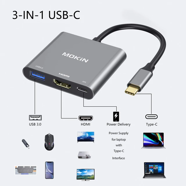 Adaptador HDMI USB C Hub para MacBook Pro 2019/2018/2017, MOKiN 5 en 1  Dongle USB-C a HDMI, lector de tarjetas Sd/TF y 2 puertos USB 3.0