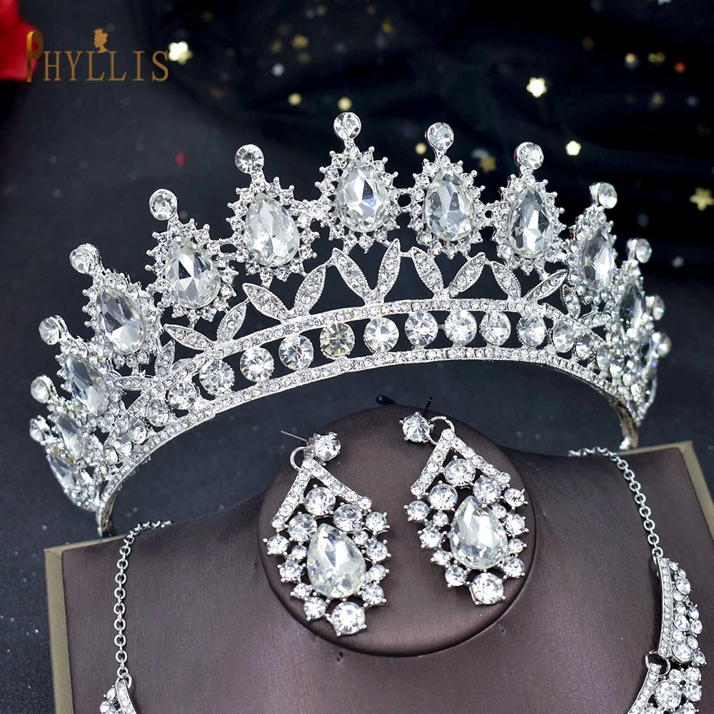 A111 Wedding Tiaras and Crowns for Bride Headwear Earring Necklace Jewelry Set Bridal Headpiece Rhinestone Headband Queen Diadem