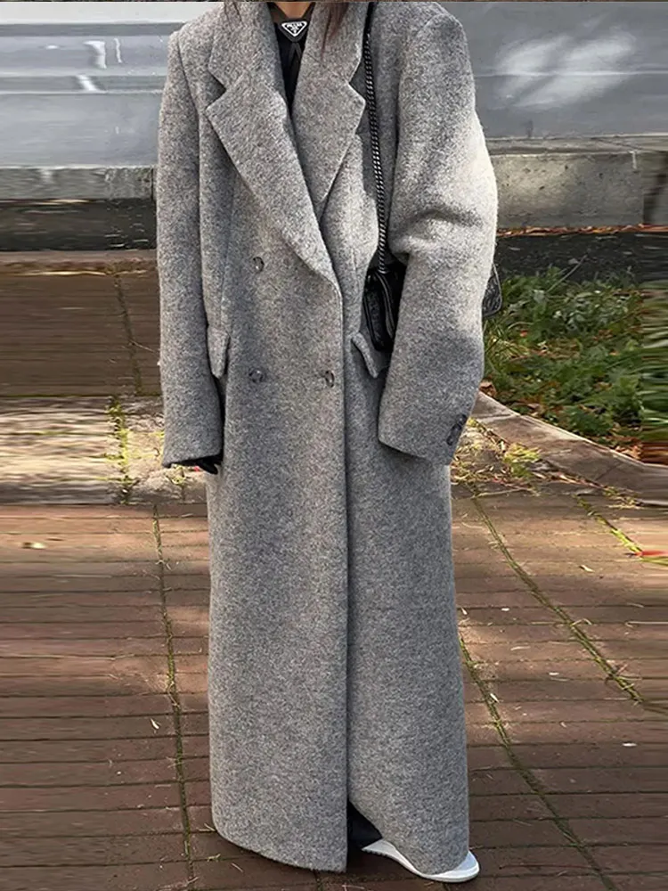 Fashion Turn Down Collar Coat Women Autumn Winter Elegant Long Sleeve Lady Long Coats Chic Pocket Female Double Breasted Jacket 4