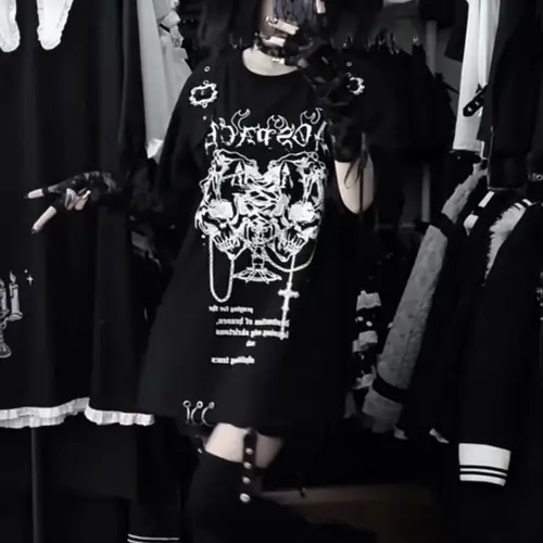 Sweet Girl Style Y2K Subculture Printed Crew Neck Short Sleeve Loose T-shirt Gothic Top Trend (Accessories Not Included) - Image 4