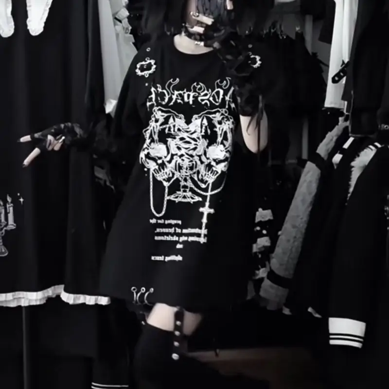 Sweet Girl Style Y2K Subculture Printed Crew Neck Short Sleeve Loose T-shirt Gothic Top Trend (Accessories Not Included) - Image 4