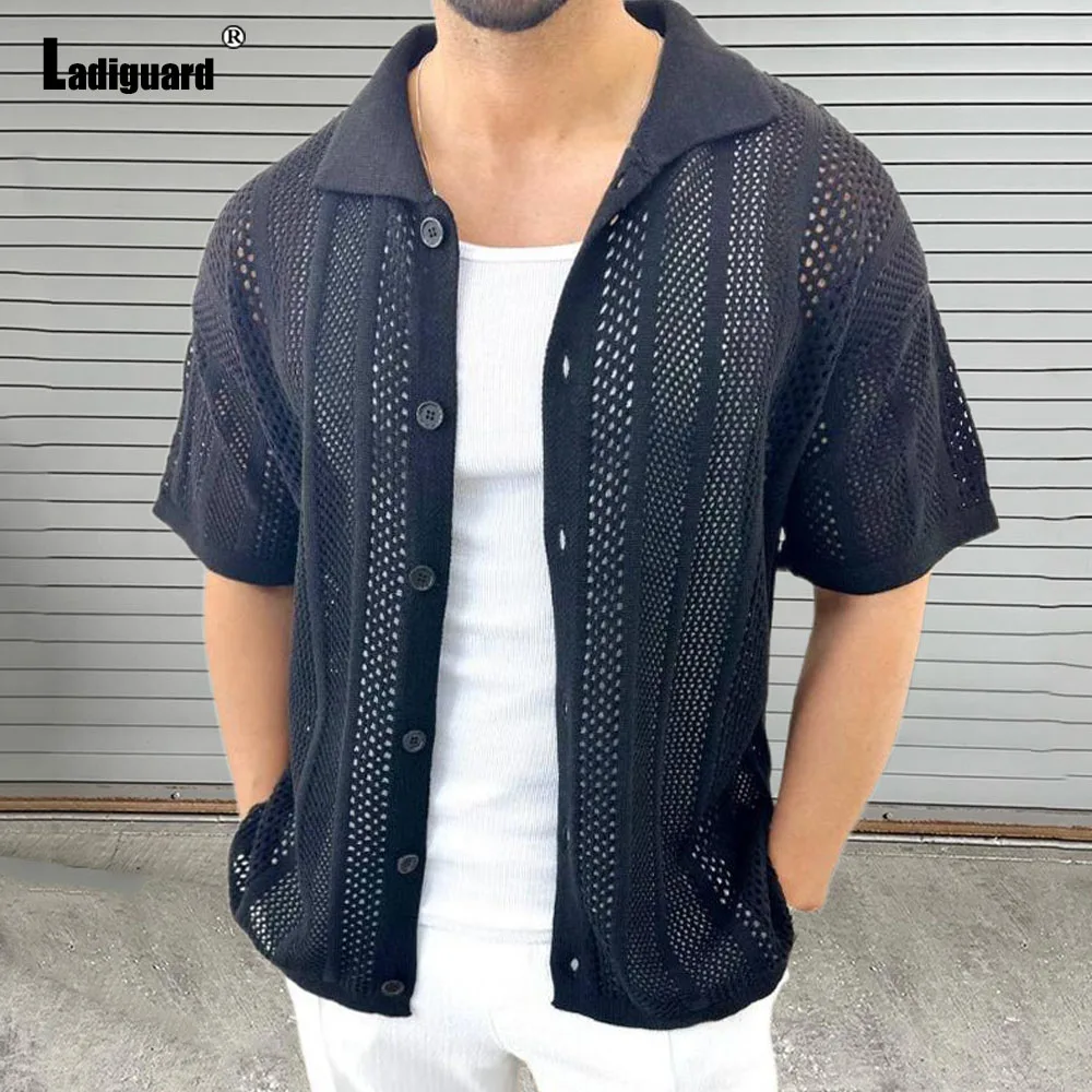 Ladiguard Summer New Knitting Blouse Solid White Transparent Shirt Camisa Mens Beach Top Cardigans Lepal Collar Knitwear