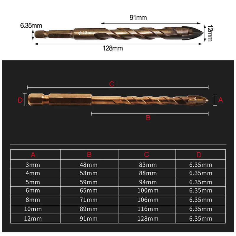 Drill Bit Set 3-12mm Cross Hex Tile For Glass Ceramic Concrete Hole Opener Brick Hard Alloy Triangle Bit Tool Kit