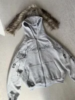 Winter Fashion Streetwear Women's Gothic Punk Faux Fur Hooded Jacket With Cross Print Trendy Edgy Zip - Up Sweatshirt 2026 New
