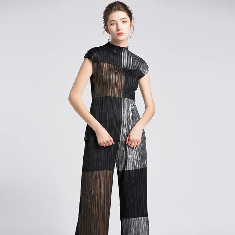 

COZOK 2024 New Trendy Pleated Thin Sleeveless Contrasting Colors Patchwork Top+All-match Fashion Loose Casual Pants WT616
