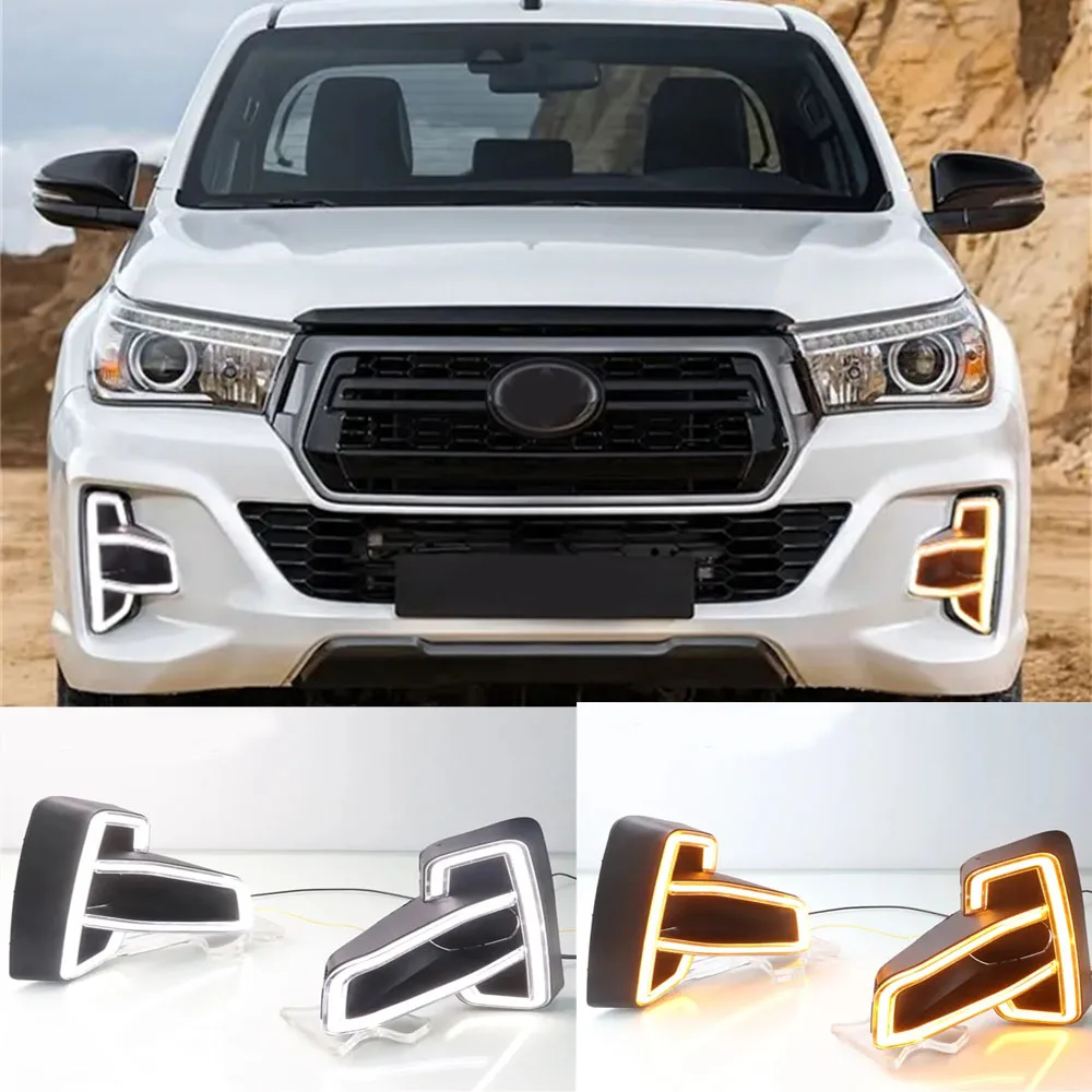 

LED DRL For Toyota Hilux Revo Rocco 2018 2019 Daytime Running Light White Yellow Turn Signal Daylight Fog Lamp With Cover