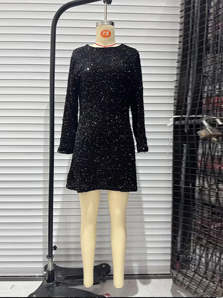 Pailletten Taille Cinching Mini Kleid Frauen Elegante V-ausschnitt Langarm Glänzende Party Cocktail Abendkleider Chic Damen Clubwear – Detail 6