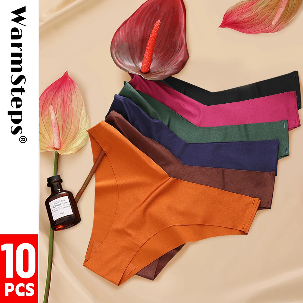 WarmSteps 10 Pieces Women's Panties Semaless Underwear Set 10Pcs Thong  Woman Lingerie G-string Thongs Glossy Ice Silk Underpants