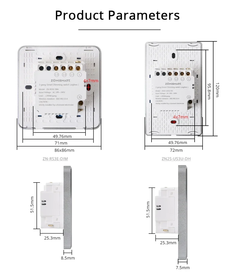 Zigbee Dimmer Switch 3 Gang Wall Light Switch Touch Panel Percentage Adjustment