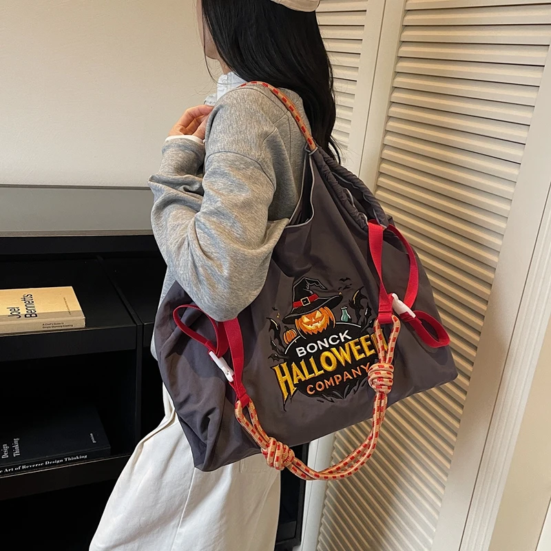Halloween Women Embroidery Nylon Shopping Bag Large Capacity Shoulder Bag Crossbody Bag for Travel Shopping Daily Use