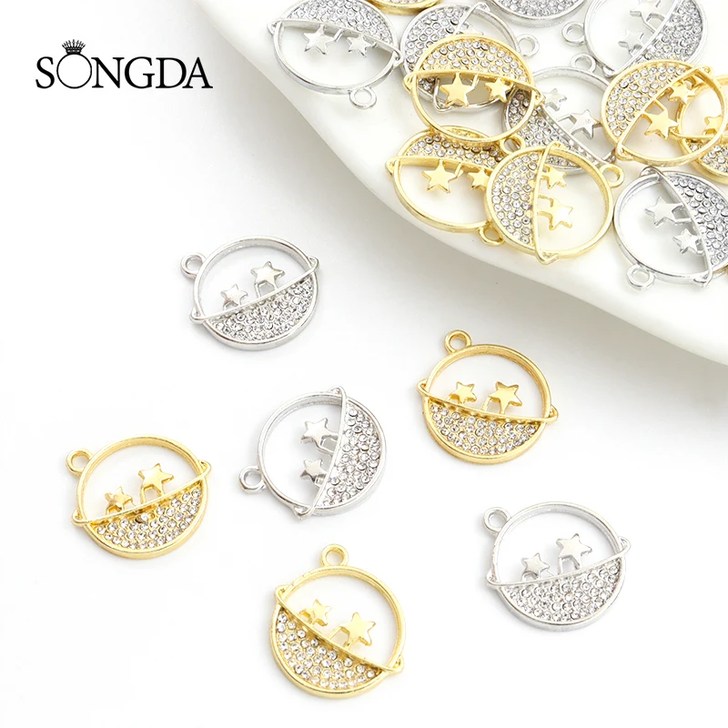 

10pcs 18*19mm Star Planet Crystal Rhinestone Charms Cute Hollow Round Alloy Pendant For Making DIY Handmade Necklace Accessories