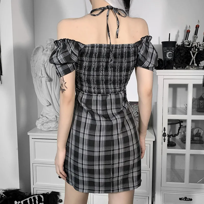 Elegant Retro Gothic Plaid Off Shoulder Halterneck Dress Women Puff Sleeves Dress Buttons Elastic Band Party Wear Y2K Clothes