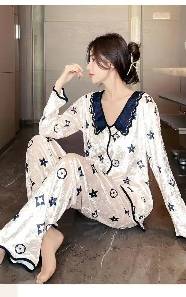 Golden Velvet Sleepwear Korean Style Set Clothes For Women Nightwear For Ladies Long Sleeve Pyjama Suit Nightie Loungewear