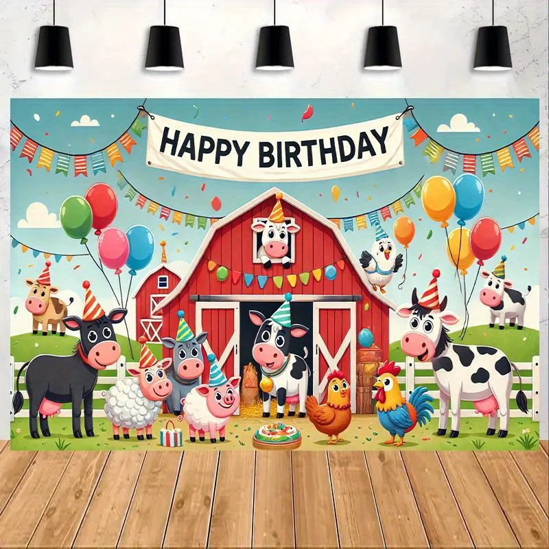 1 Stück Bauernhoftier-Geburtstagsparty-Hintergrund – lebendiger Polyester-Hintergrund, Scheune, Kühe, Hühner und Luftballons, Kuhschmuck – Detail 4