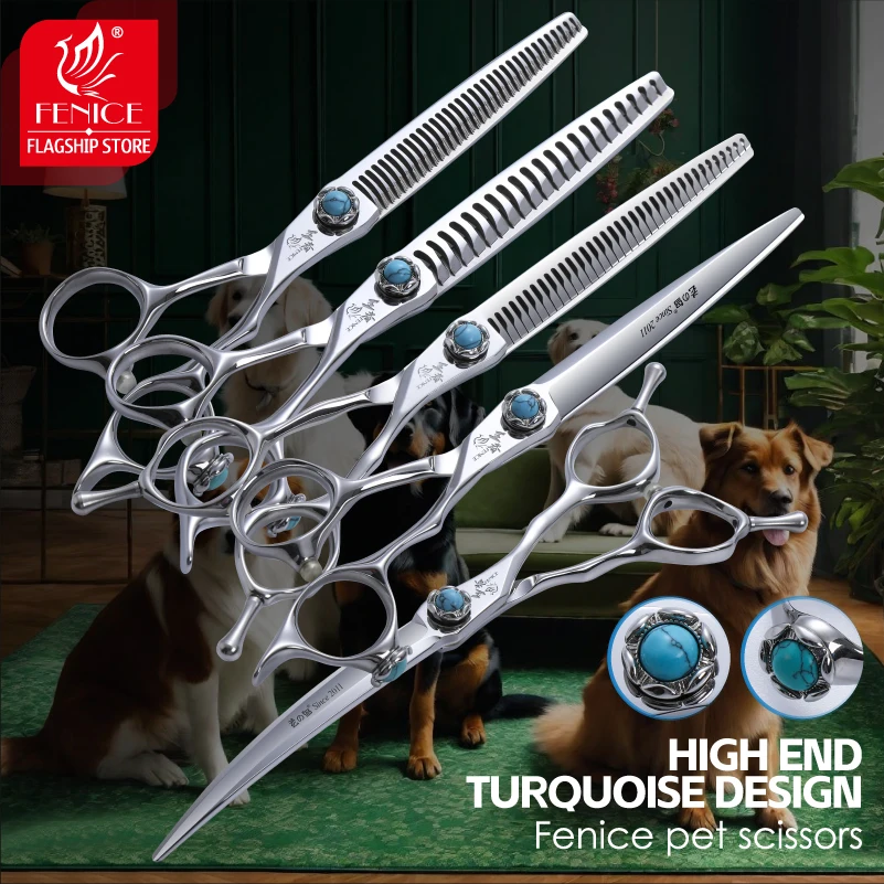

Fenice 6.5/7/7.5/8 Inch VG10 Professional Dog Haircut Grooming Scissors Turquoise Bearing Screw Curved &Thinner&Chunker Shears