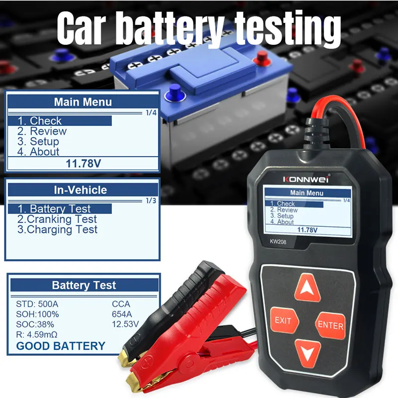 KONNWEI KW208 12V Car Battery Tester Motorcycle 100-2000CCA Cranking Charging Circut Tester Battery Analyzer Lead Acid Battery 5