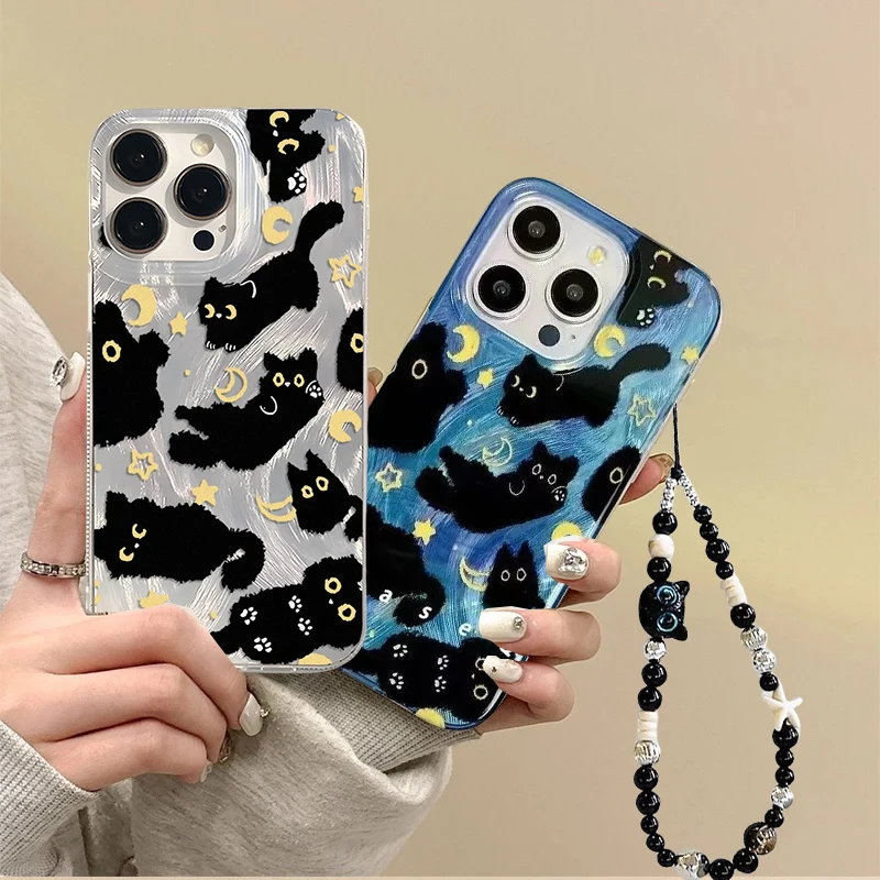 Cute Laser Silver Blue Black Cat Butterfly Phone Case Cover