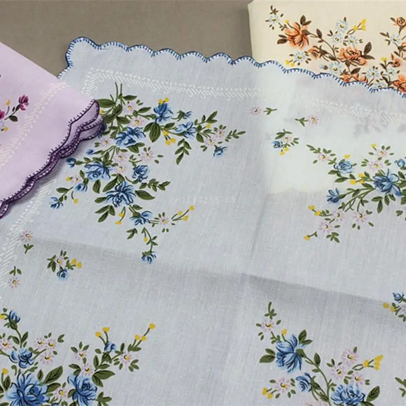 3pcs/set Women Wavy Edge Cotton Handkerchiefs Flower Embroidered with Lace mini handkerchief