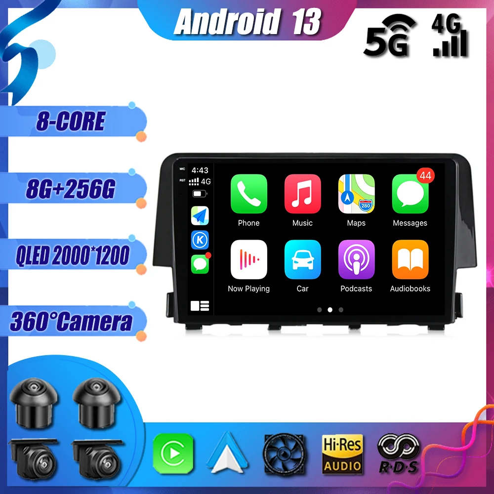 

Android 13 For Honda Civic 2016 2017 Car Radio Multimedia Video Navigation GPS Carplay 5GWIFI Head Unit 9" QLED Player 4G BT