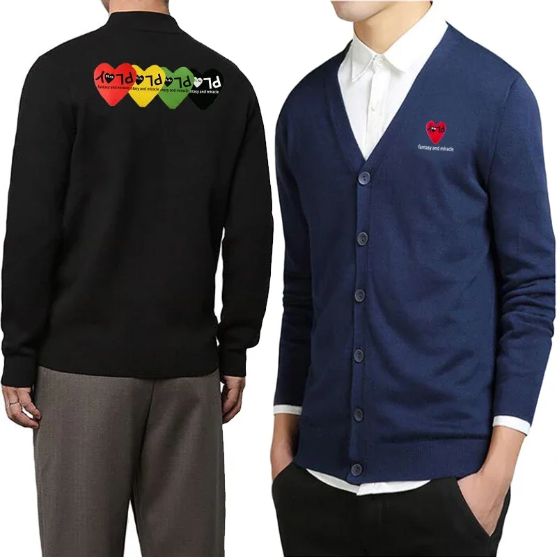 

Men Cardigan V-neck Heart Letter Embroidery Colorful Heart Printing Cotton Single-breasted Long Sleeve Spring Autumn Sweater