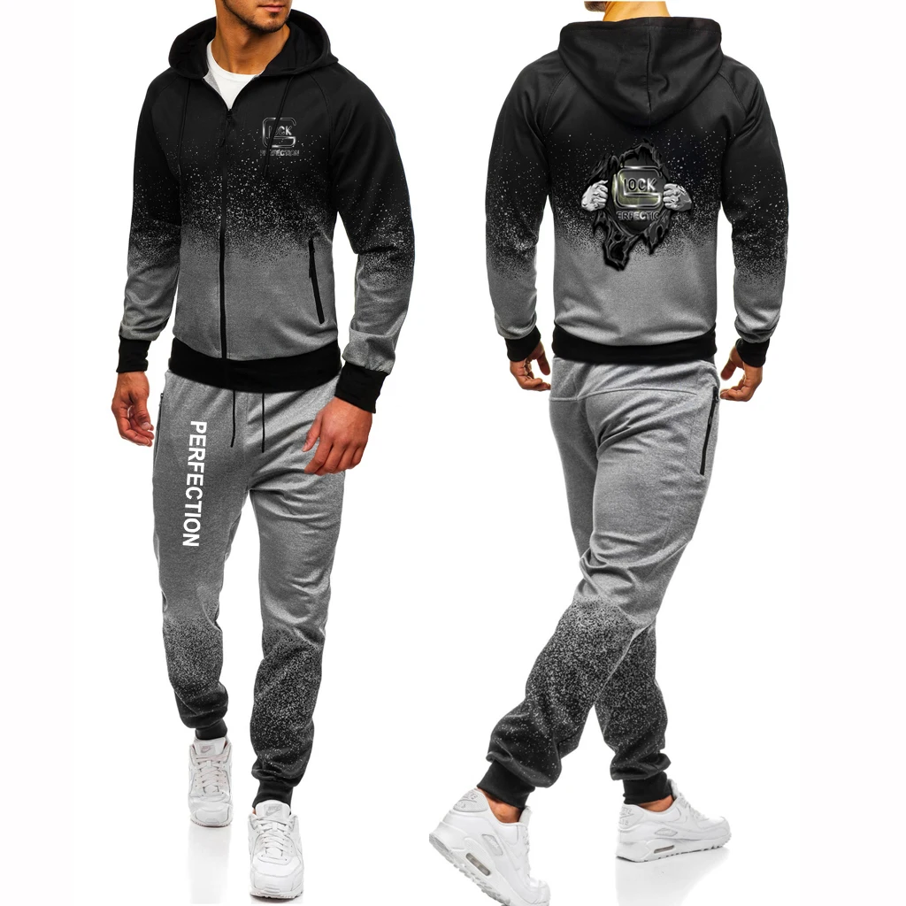 

2023 Spring Autumn New Glock Perfection Shooting Printing Men's Casual Hooded Zipper Jacket+Sweatpants Gradient Color Trendy Set
