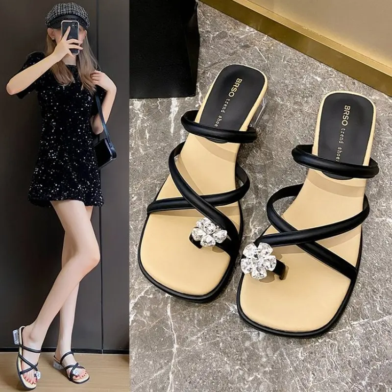 High Heeled Sandals Square Head Rhinestone Transparent Thick Heel Crisscross Zone Outdoors Slippers Zapato De Pumps New