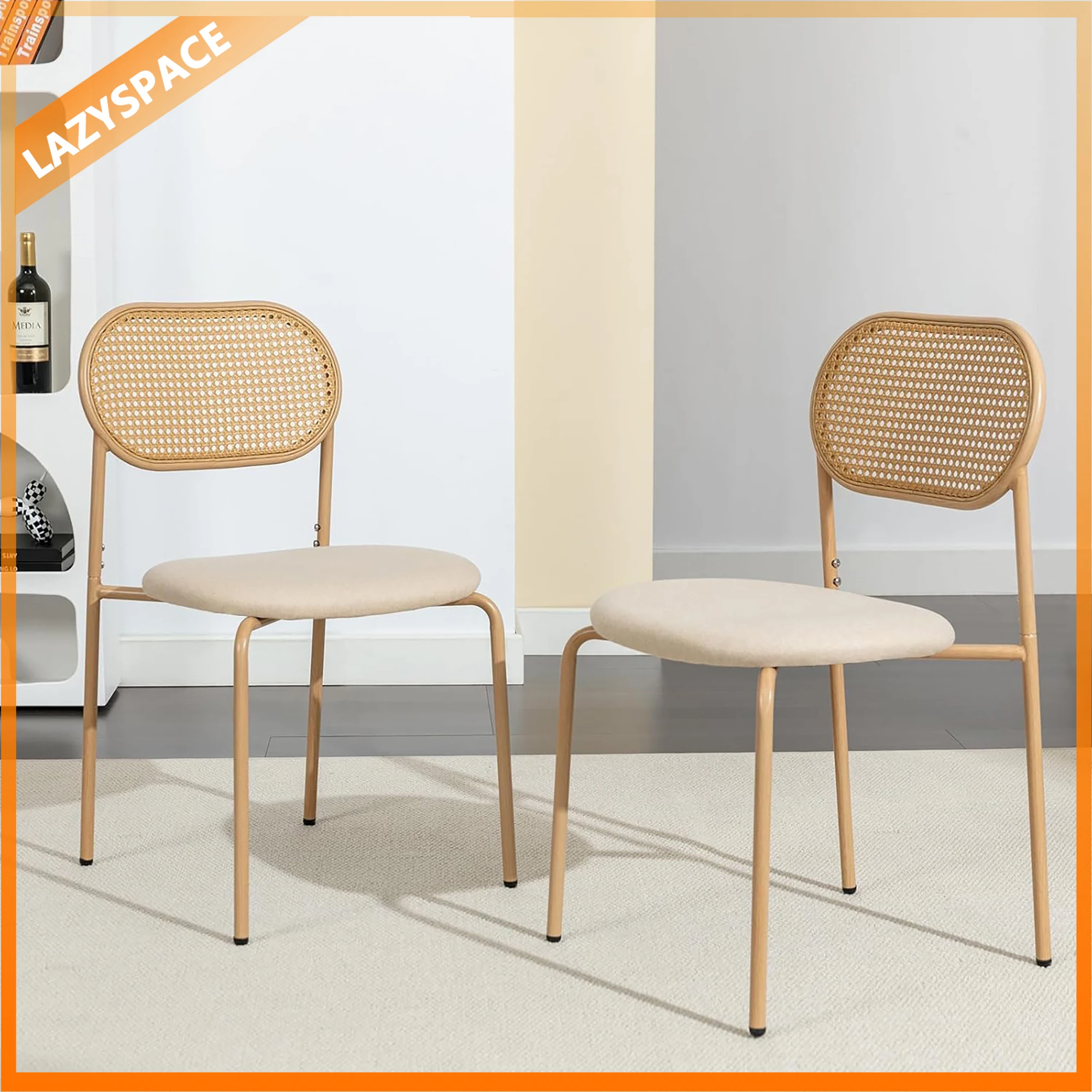 Lazyspace Dining Room Chairs with Metal Legs, Set of 2, Kitchen Chairs with Padded Seat and Rattan Backrest, Upholstered Chairs