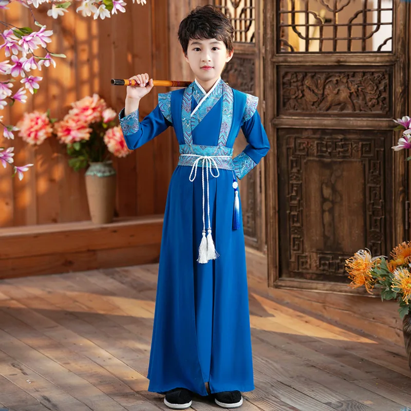 

Chinese Style Traditional Tang Dynasty Boy Blue Print Hanfu Kids Uniforms Performance Stage Clothing Dance Costume