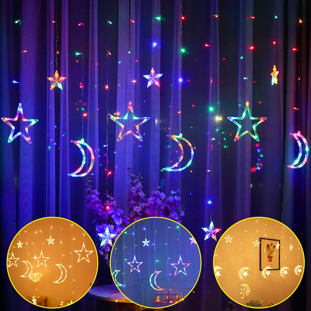 

8 Mode LED Curtain String Lights Holiday Decoration Twinkle Fairy Lights Star Moon Icicle Light Window Backdrop Christmas Lights