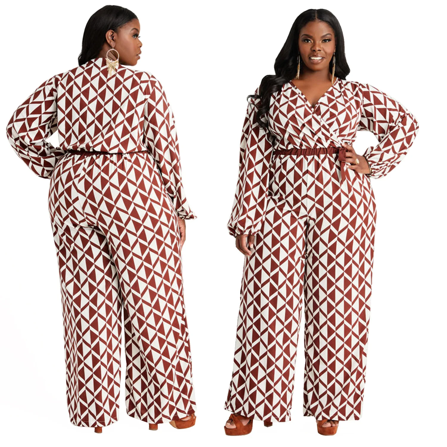 Plus Size Women Jumpsuits Geometric Print One Piece Outfit Female Fashion Belt Elegant Jumpsuit Lady Wide Leg Pants Wholesale