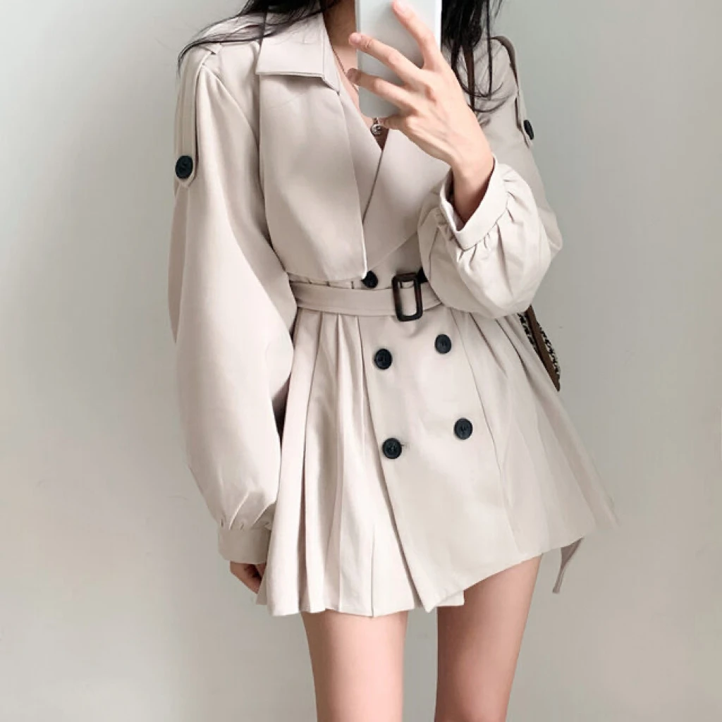 Gabardina elegante y plisada de estilo coreano para mujer, vestido con cinturón, cuello vuelto, doble botonadura, liso, para otoño