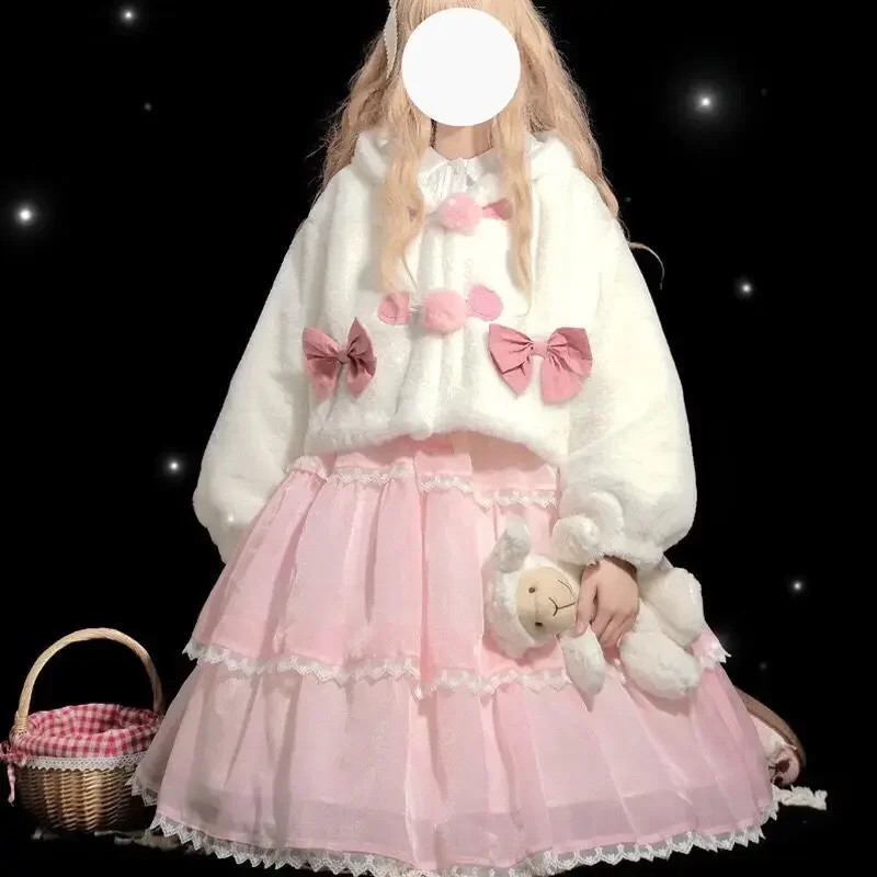 

Lolita Style Plush Cropped Jackets Japanese Sweet Bow Pockets Hooded Coat Kawaii Soft Girls Warm JK Outwear Women Winter Clothes