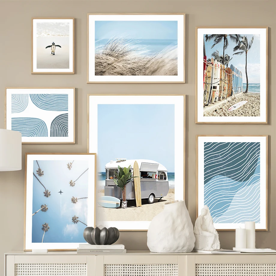 Beach Car Coconut Tree Reed Penguin Sea Wall Art Canvas Painting Nordic Posters And Prints Wall Pictures For Living Room Decor