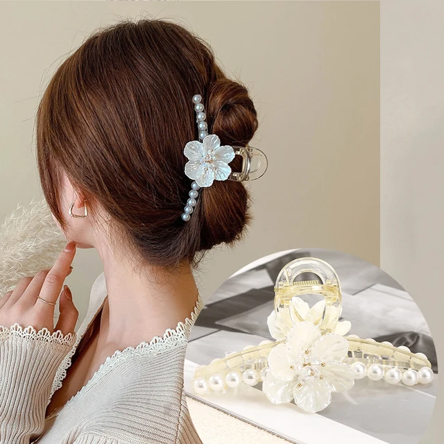 AWAYTR Rhinestone Metal Hair Claw Crab Clip For Women Girls Shiny Barrette Hairpin Crystal Pearl Hair Accessories Jewelry Gift CB1150B 11cm plastic