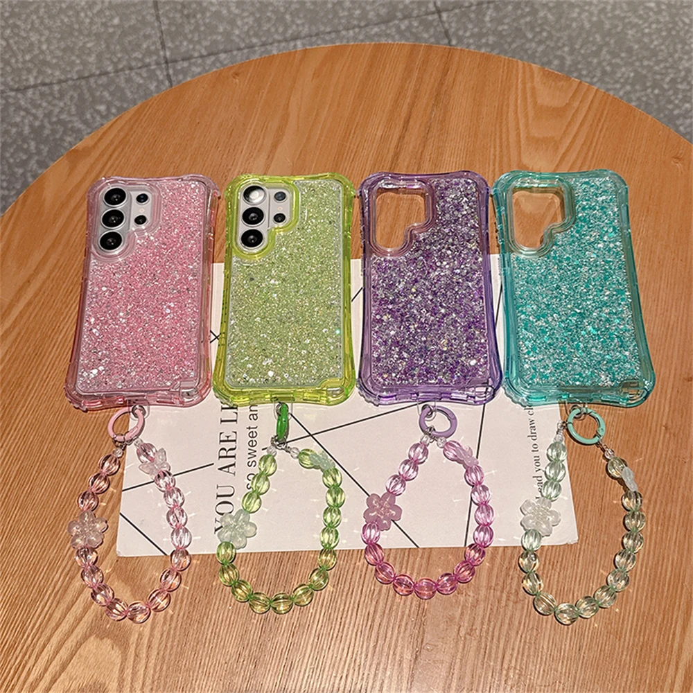 Luxury 3-in-1 Bling Glitter Shockproof Phone Case with Lens Protection and Lanyard