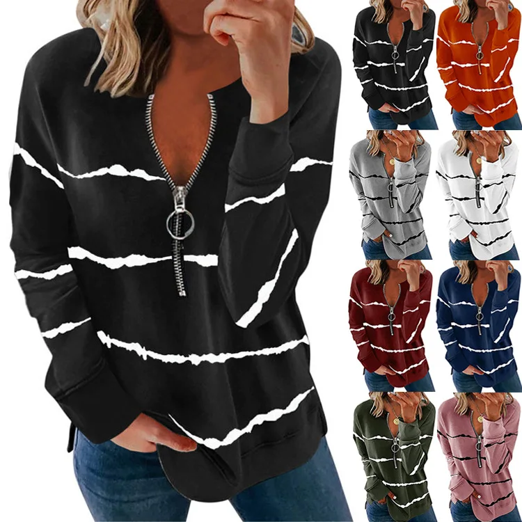 

Spring and Autumn Shirt Women 2023 New Striped Zipper Print V-neck Casual Long-sleeved Sweater Women's Tops