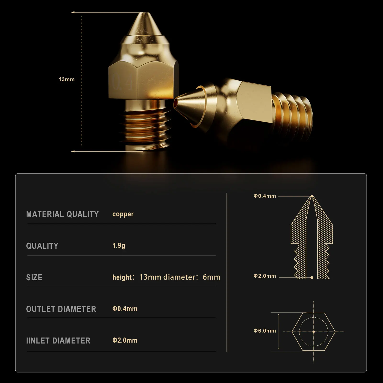 4 Ugelli Per Stampante 3D In Ottone 0,4 Mm - CR-6 SE MK, CR-10, Ender 3 V2, Ender 5, Ender 3 Pro - Filettatura M6 - 3