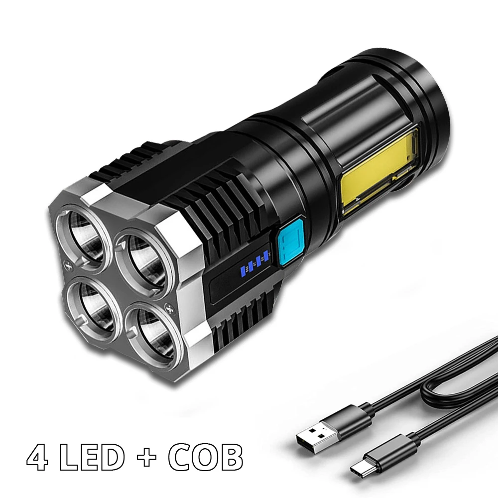 

Фонарик высокой мощности с 4 светодиодами, зарядка через USB, уличный портативный мини-фонарик, подсветка, тактическое освещение, светодиодные фонарики COB