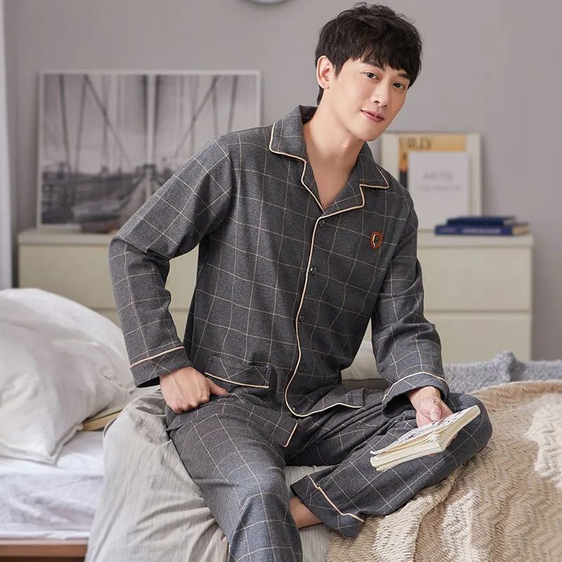 New Spring Men Pajamas 100% Cotton Bedgown Fashion Sleepwear Pijama Mans Warm Bedroom Home Clothes PJ Plaid Pure Cotton Pyjamas