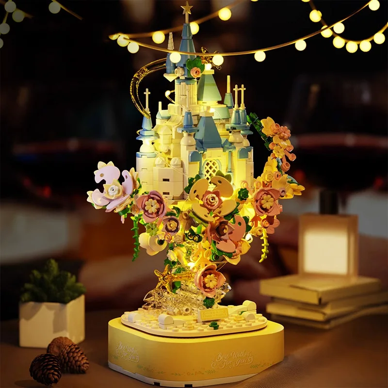Creative Flower Castle Hanging Garden Music Box Con Luci A Led Model Building Blocks Moc Bricks Decoration Toys Regalo Di San Valentino
