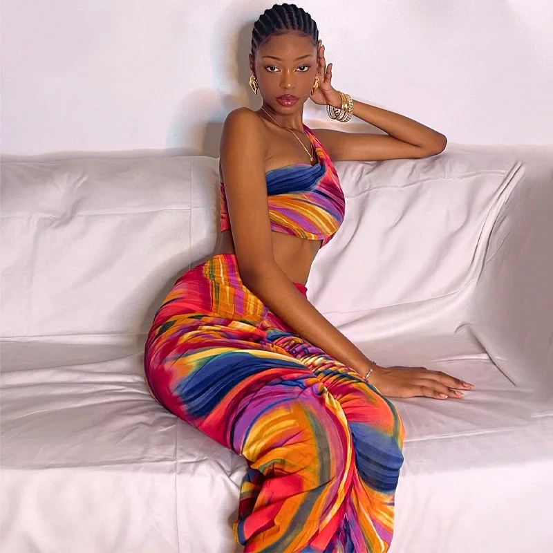 

European And American Summer New Tie-Dyed One-Shoulder Vest With Printed Pleated Slim Sexy Long Skirt Suit