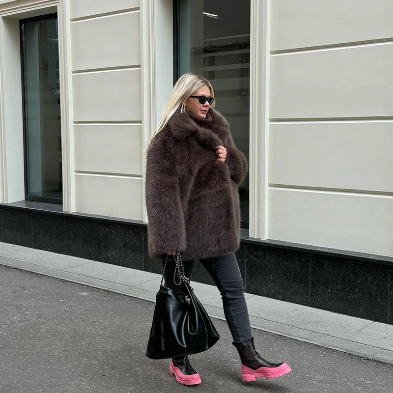 Fashion Faux Fur Jacket Coat Women Warm Fluffy Loose Long Sleeve Lapel Female Overcoat Winter Yellow Lady Street Outwear