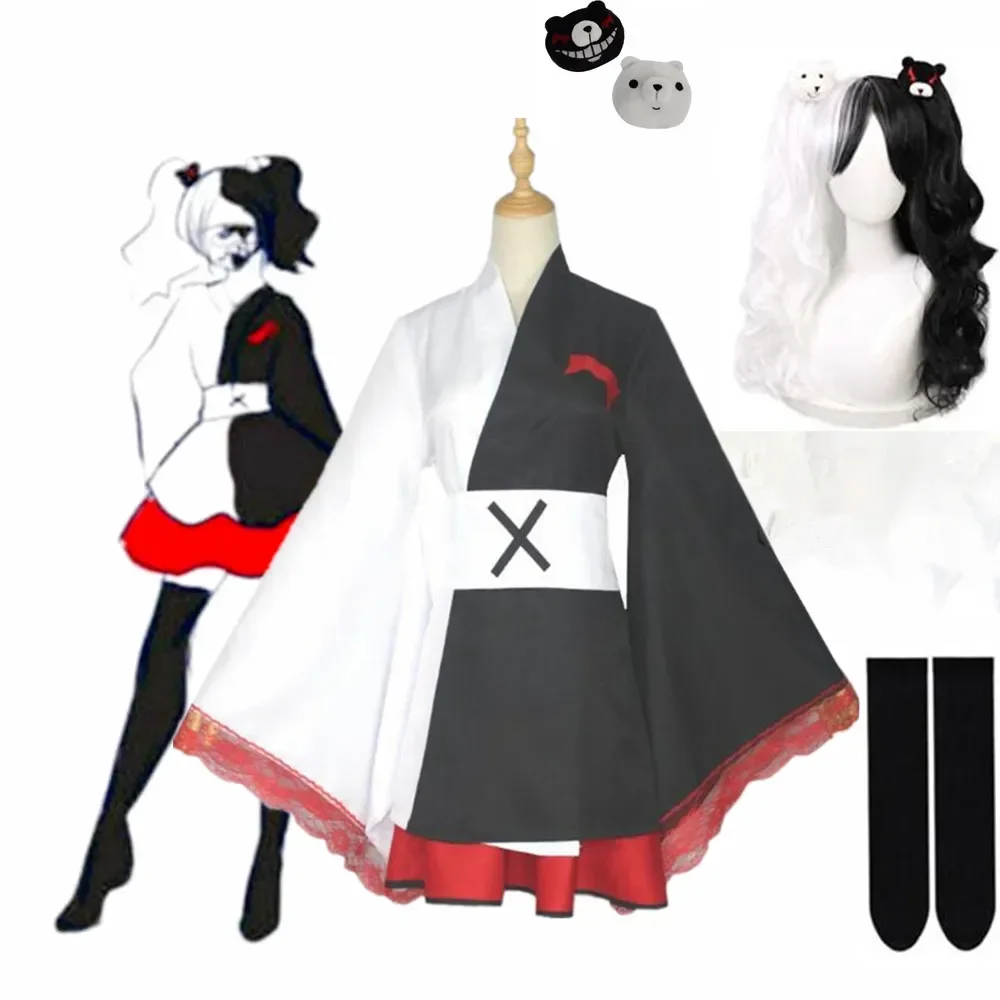 

Anime Danganronpa Monokuma Dangan Ronpa Kimono Pinafores Dresses Women Cosplay Costumes With Wig Socks